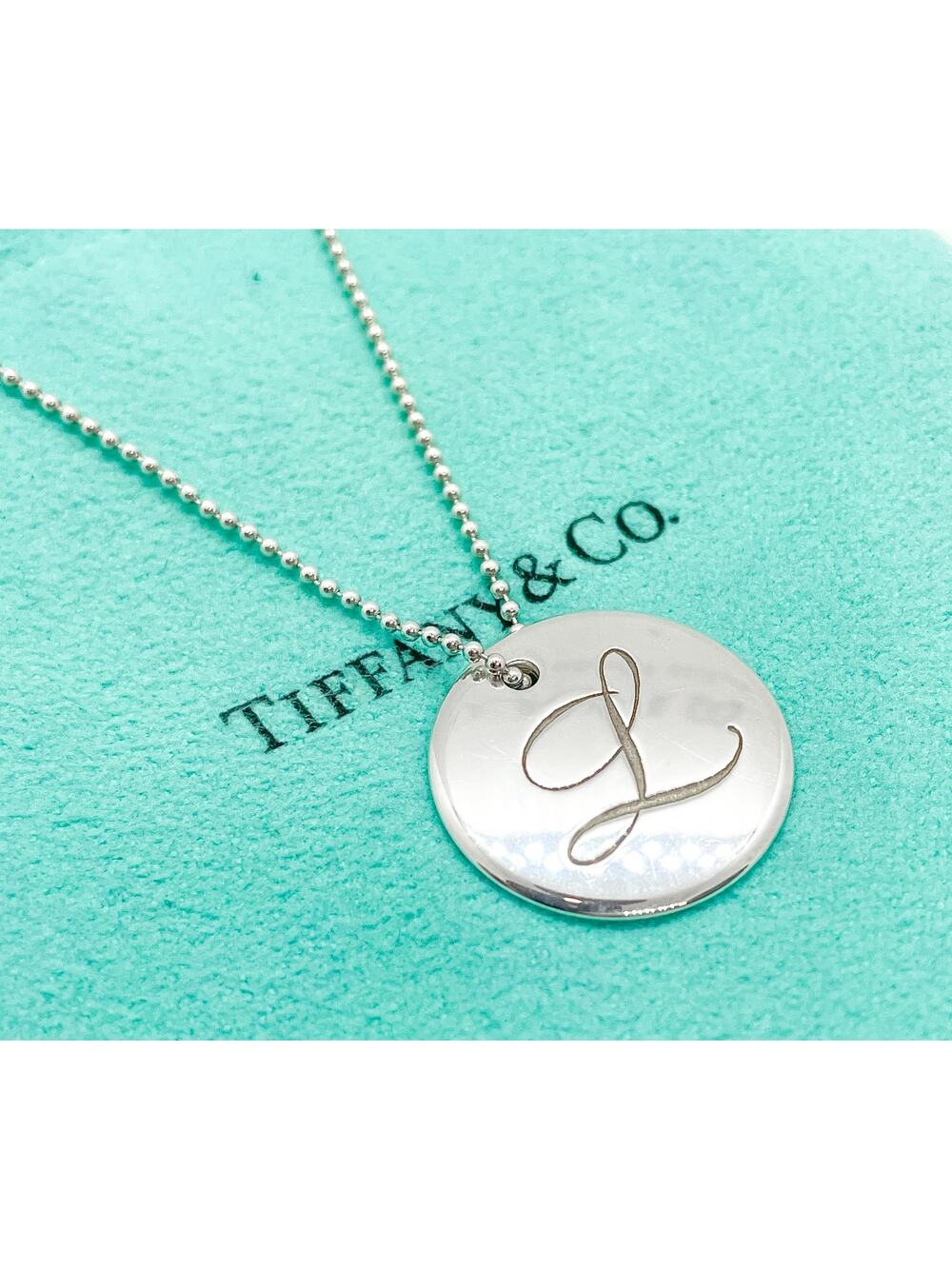 Tiffany & Co. Large Notes Script Letter “L” Circle Pendant Bead Necklace 18"